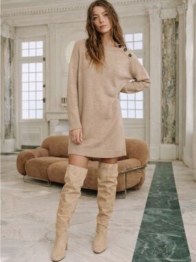 Sezane Mathie Sweater Dress Size Small Beige Camel Merino Wool Knit